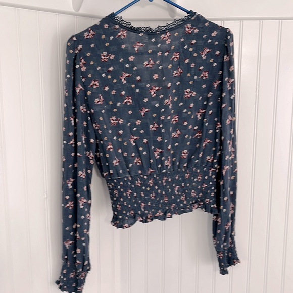 Self Esteem V-Neck Blouse with Crochet Trim and Smocked at hem and Sleeves - Picture 5 of 7